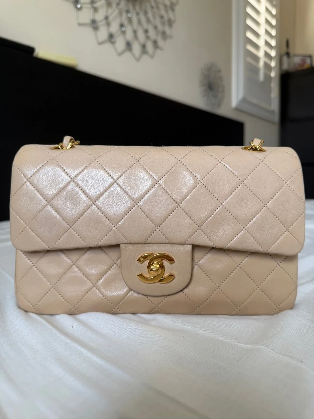 VIntage CHANEL Quilted Double Flap Shoulder Bag in Beige with Gold Hardware